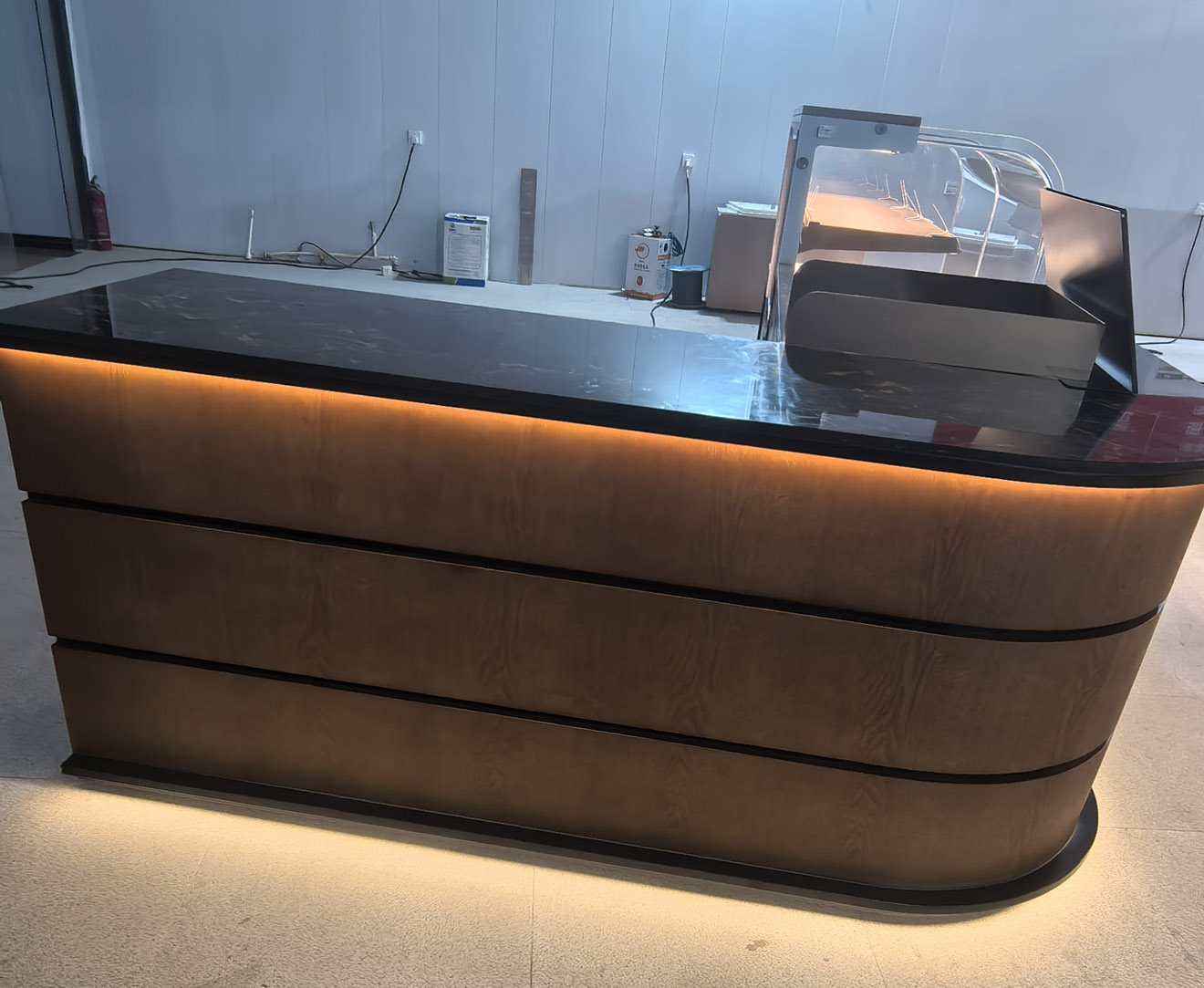 Modern Minimalist Curved Wooden Cash Counter / Service Bar