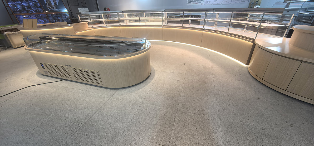 Light Wood Grain Semi-Circular Island Refrigerated Display Cabinet